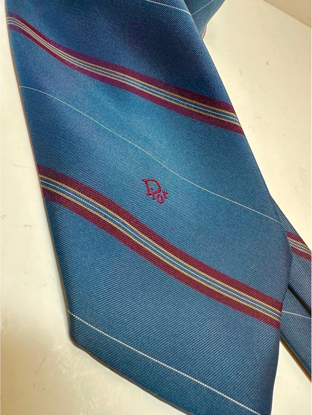 Vintage Christian Dior Blue Burgundy Striped Tie Embroidered Logo